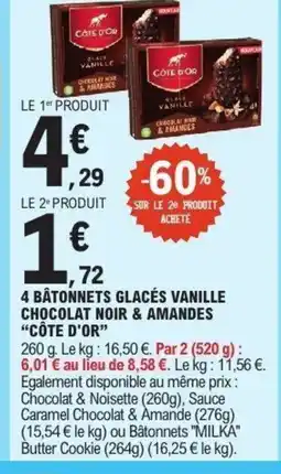 E.Leclerc CÔTE D'OR 4 bâtonnets glacés vanille chocolat noir & amandes offre