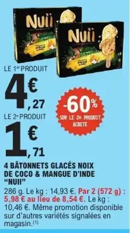 E.Leclerc NUII 4 bâtonnets glacés noix de coco & mangue d'inde offre