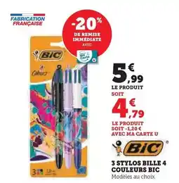 Super U Bic - 3 stylos bille 4 couleurs offre