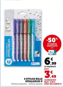 Super U U 6 stylos bille effaçables offre