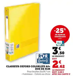 Super U OXFORD Classeur Colorlife A4+ Dos de 4cm offre