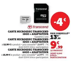 Hyper U Transcend - carte microsdxc 16go + adaptateur offre