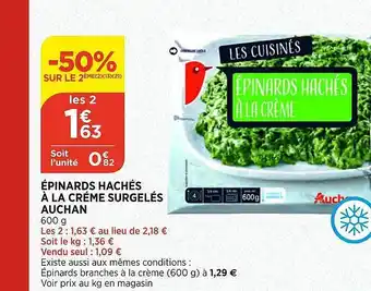 Bi1 épinards Hachés à La Crème Surgelés Auchan -50% Sur Le 2ème offre