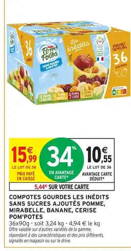 Intermarché POM'POTES Compotes gourdes les inédits sans sucres ajoutés pomme, mirabelle, banane, cerise offre