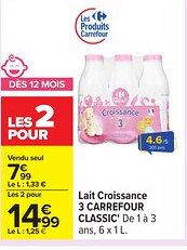 Carrefour CARREFOUR CLASSIC Lait Croissance offre