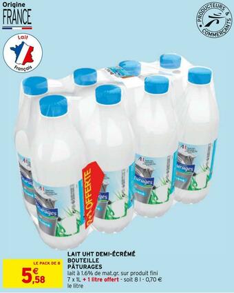 Intermarché Pâturages lait uht demi-écrémé bouteille offre