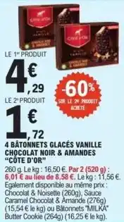 E.Leclerc Côte d'or - 4 bâtonnets glacés vanille chocolat noir & amandes offre