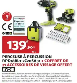 Bricomarché Perceuse à percussion RPD18BL1-2C20SA31 + coffret de 31 accessoires de vissage offert ryobi offre