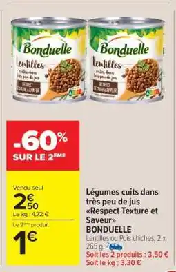 Carrefour Market BONDUELLE Lentilles ou Pois chiches, 2 x 265 g offre