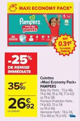 Carrefour Market Culottes Maxi Economy Pack PAMPERS offre