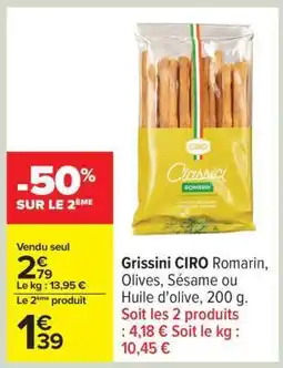 Carrefour Grissini CIRO Romarin, Olives, Sésame ou Huile d'olive, 200 g offre