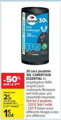 Carrefour 20 sacs poubelle 30L CARREFOUR ESSENTIAL offre