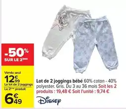 Carrefour Drive Disney - lot de 2 joggings bébé 60% coton offre