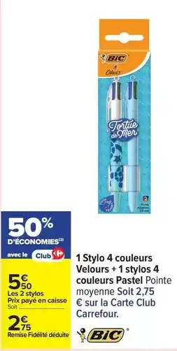 Carrefour Drive Bic - 1 stylo 4 couleurs velours + 1 stylos 4 couleurs pastel offre