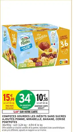 Intermarché Hyper POM'POTES Compotes gourdes les inédits sans sucres ajoutés pomme, mirabelle, banane, cerise offre