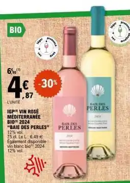 E.Leclerc IGP VIN ROSÉ MÉDITERRANÉE BIO 2024 'BAIE DES PERLES' offre