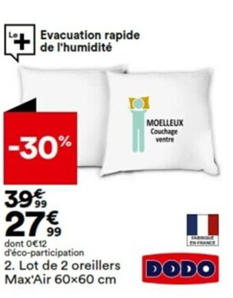 BUT Lot de 2 oreillers Max'Air 60x60 cm offre