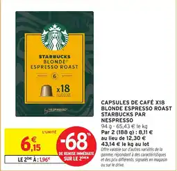 Intermarché Capsules de café x18 blonde espresso roast starbucks par nespresso offre