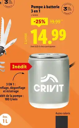 Lidl CRIVIT Pompe à batterie 3 en 1 offre