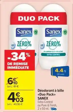 Carrefour Market Déodorant à bille Duo Pack SANEX offre