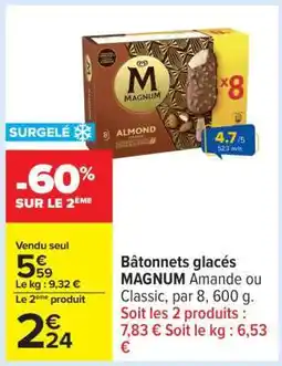 Carrefour Bâtonnets glacés MAGNUM Amande ou Classic, par 8, 600 g offre