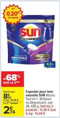 Carrefour Capsules pour lave-vaisselle SUN Absolu Tout en 1 offre