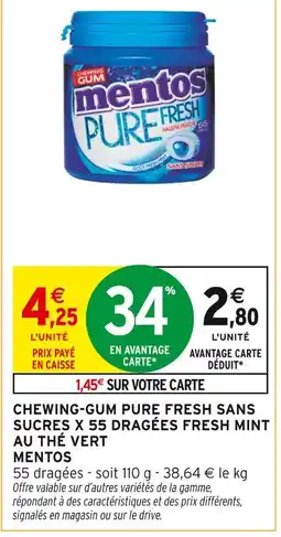 Intermarché MENTOS Chewing-gum pure fresh sans sucres x 55 dragées fresh mint au thé vert offre