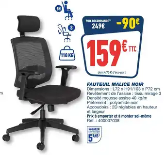 Bureau Vallée Fauteuil Malice Noir offre