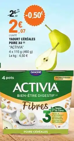 E.Leclerc Yaourt Céréales Poire X4 ACTIVIA offre