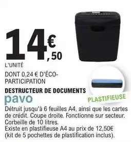 E.Leclerc DESTRUCTEUR DE DOCUMENTS pavo offre