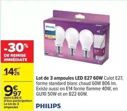 Carrefour Express Philips - lot de 3 ampoules led e27 60w culot e27 offre