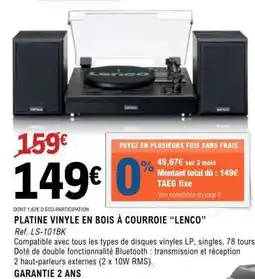 E.Leclerc PLATINE VINYLE EN BOIS À COURROIE “LENCO” offre