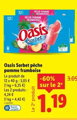 Lidl OASIS Sorbet pêche pomme framboise offre