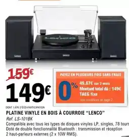 E.Leclerc Lenco - platine vinyle en bois à courroie offre