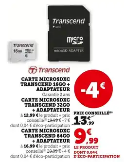 Super U Carte microsdxc transcend 16go + adaptateur offre