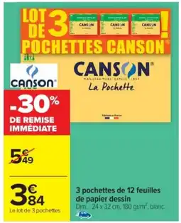 Cora x Carrefour CANSON 3 pochettes de 12 feuilles de papier dessin offre