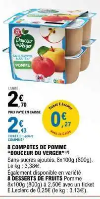 E.Leclerc 8 COMPOTES DE POMME DOUCEUR DU VERGER offre