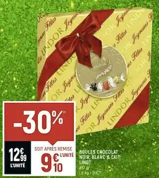 Spar Lindt boules chocolat noir, blanc & lait offre