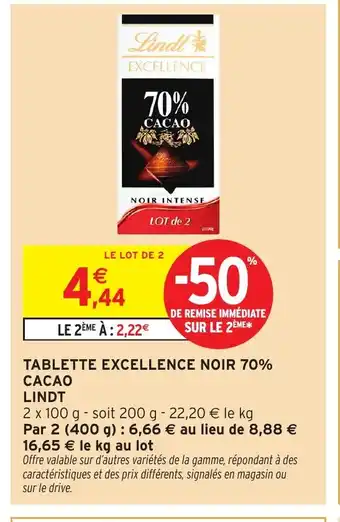Intermarché LINDT Tablette excellence noir 70% cacao offre