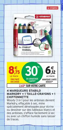 Intermarché Hyper 4 marqueurs stabilo markdry + 1 taille-crayons + 1 chiffonnette offre