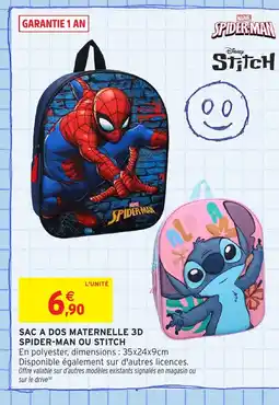 Intermarché Hyper Sac a dos maternelle 3d spider-man ou stitch offre