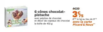 Picard 6 cônes chocolat- pistache offre