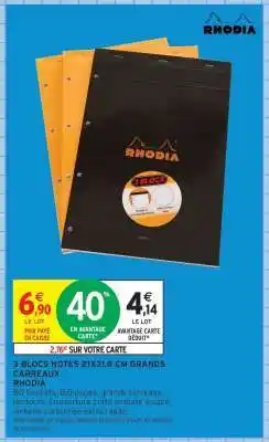 Intermarché 3 BLOCS NOTES 21X31,8 CM GRANDS CARREAUX RHODIA offre