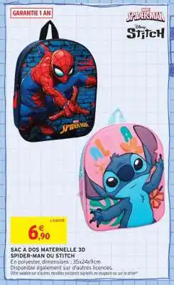 Intermarché SAC A DOS MATERNELLE 3D SPIDER-MAN OU STITCH offre
