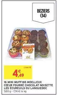 Intermarché 16 MINI MUFFINS MOELLEUX CŒUR FOURRÉ CHOCOLAT NOISETTE LES ÉCUREUILS DU LANGUEDOC offre