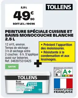 Brico Dépôt TOLLENS Peinture spéciale cuisine et bains monocouche blanche offre