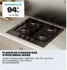 Brico Dépôt Plaque de cuisson gaz 4 feux email noire offre