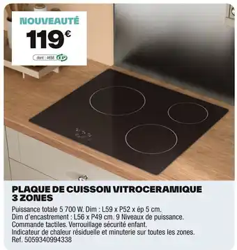 Brico Dépôt Plaque de cuisson vitroceramique 3 zones offre