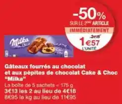 Monoprix Milka - gâteaux fourrés au chocolat et aux pépites de chocolat cake & choc offre