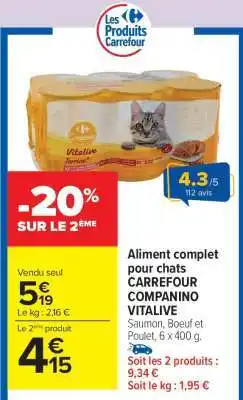 Carrefour Market Aliment complet pour chats CARREFOUR COMPANINO VITALIVE offre